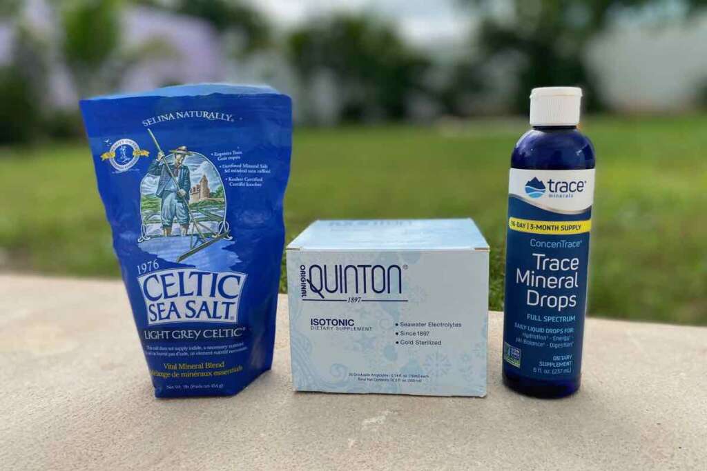 a bag of celtic sea salt, a box of quinton minerals and a bottle of trace mineral drops as options for remineralizing reverse osmosis water